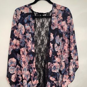 1X BB Dakota Dark Floral & Lace Kimono Jacket